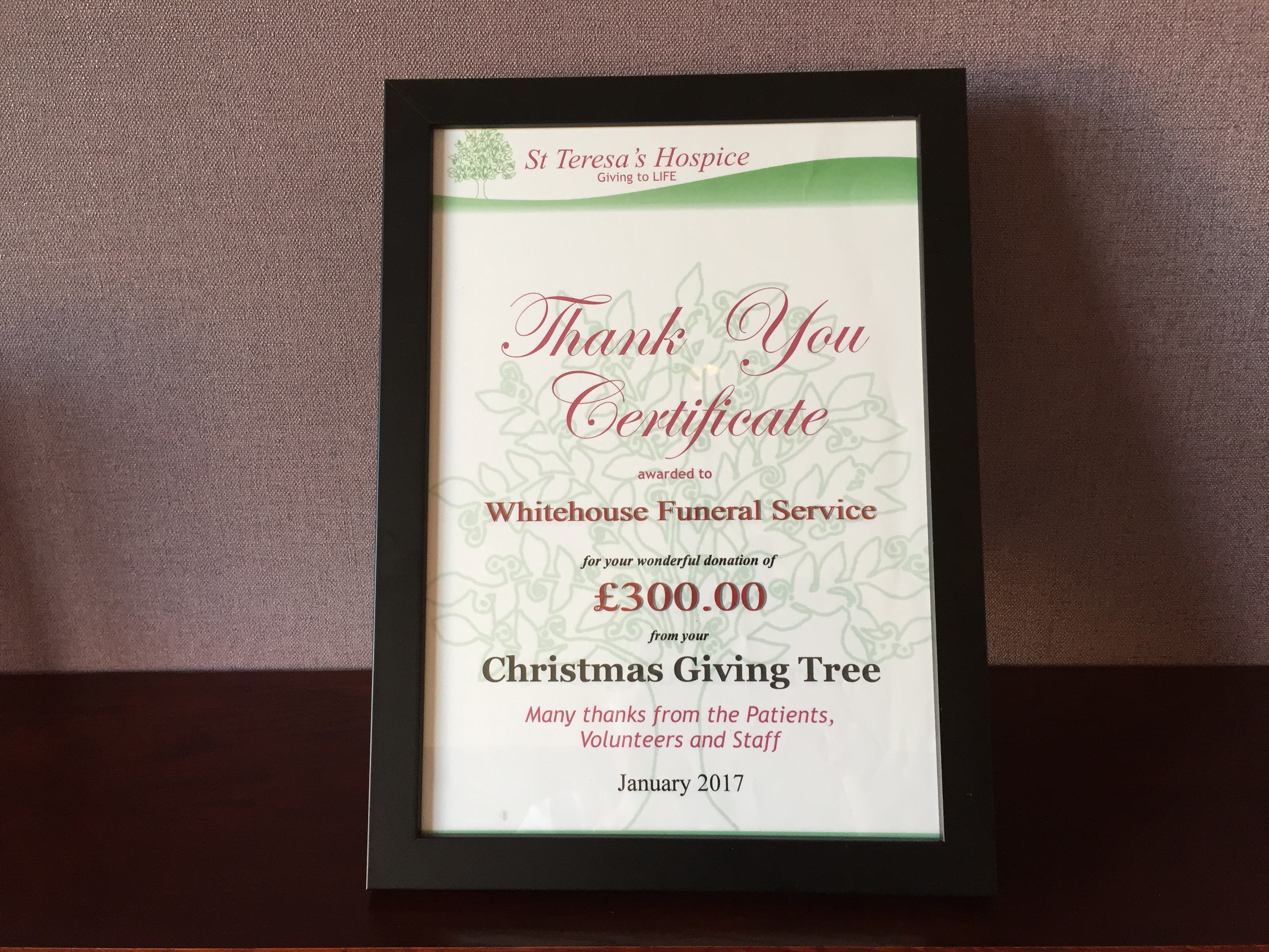 Thank you certificate from St Teresa's Hospice
